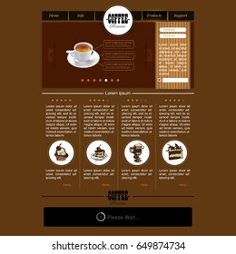 Web site template with cup of coffee and desserts. Design menu for cafe, shops and restaurants.