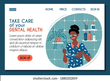 Web site template for a dental clinic. Tooth health oral hygiene. Young dark skinned woman brushes her teeth with a herbal paste. Stock modern flat illustration concept for landing page ui ux design.