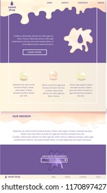 web site template with Flowing drops of milk syrup cream on violet background