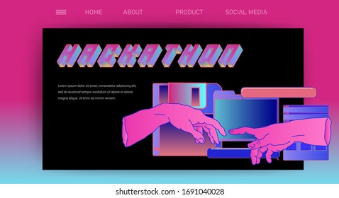 Web site template for Hackathon and Computer programming Meetup (it is Coding Challenge for developers). Landing page design with user interface elements and 3D lettering.