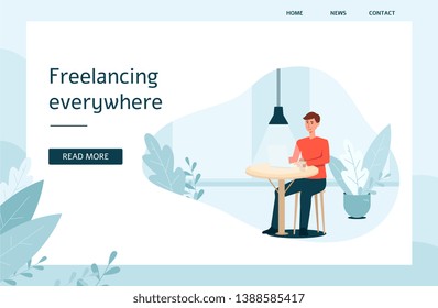 Web site template with man and laptop sitting at the table cartoon style, vector illustration on flat background. Banner about freelance work with place for text