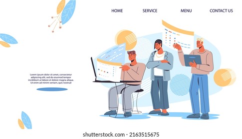 Web site or template of the target page for managing projects and business, the workflow and financial consulting, flat vector illustration. Web banner for advertising a company on the network.