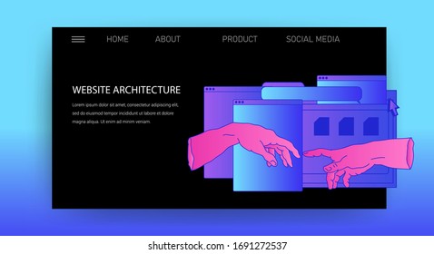 Web site template for UI and UX design, technical support or customer servises page. Hands with user interface elements.