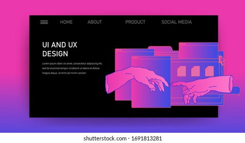 Web site template for UI and UX design, technical support or customer servises page. Hands with user interface elements.