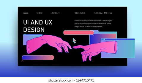Web site template for UI and UX design, technical support or customer servises page. Hands with user interface elements.