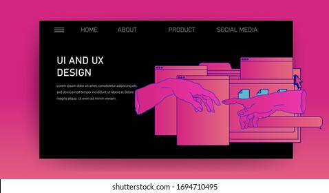 Web site template for UI and UX design, technical support or customer servises page. Hands with user interface elements.