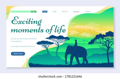 Web site for travelers concept. Exciting moments of life banner web page design. Elephant in African savannah at sunset. Wild acacia, mountaines. Silhouettes of an animal and a person sitting on it