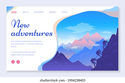 Web site for travelers concept. New adventures banner, website, poster template, colorful web page design. A team of climbers with backpacks with a pickaxe and a rope climb a mountain. Time to travel