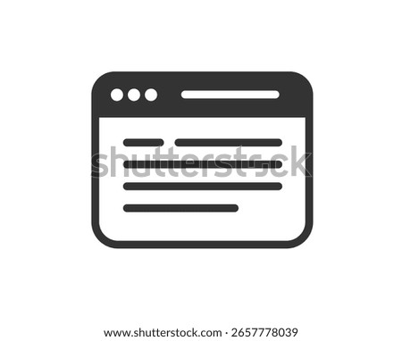 Web site webpage icon, website page with text in browser window simple vector pictogram sign symbol