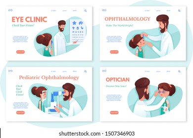 Web sites with eyesight diagnostics vector templates set. Optometrist checking kid eye sight with test chart. Girl cartoon character at ophthalmology hospital cliparts pack. Optometry clinic visiting