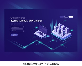 Web sites hosting services, server room rack, data center, data searching, network administration isometric vector ultraviolet