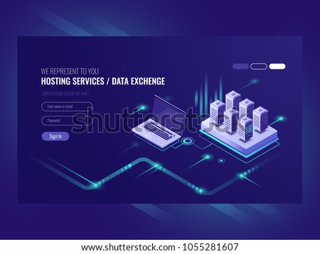 Web sites hosting services, server room rack, data center, data searching, network administration isometric vector ultraviolet