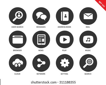 Web sites vector icons set. Items for social networks and web pages, user, message, address book, mail, news, play, music, cloud, settings, search. Isolated on white background