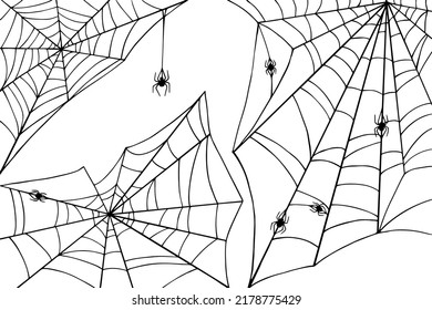 Web sketch collection with spiders. Stylized vector graphics.