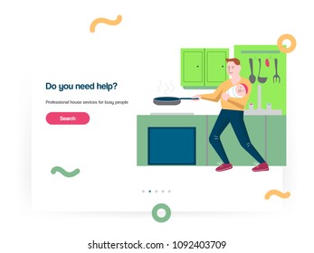 Web slider template vector design with flat illustration happy man holding a baby and cooking. Man in woman role