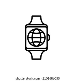 Web smartwatch: globe on device screen thin line icon. Modern vector illustration.