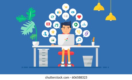 Web Social Network Concept for blog and social networks, online shopping and email, files of video, images and photos. Elements for count of views, likes and reposts. Vector