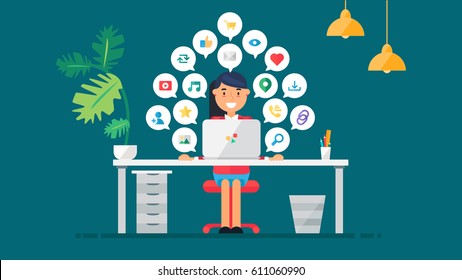 Web Social Network Concept for blog and social networks, online shopping and email, files of video, images and photos. Elements for count of views, likes and reposts. Vector