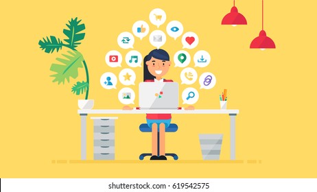 Web Social Network Concept for blog and social networks, online shopping and email, files of video, images and photos. Elements for count of views, likes and reposts. Vector