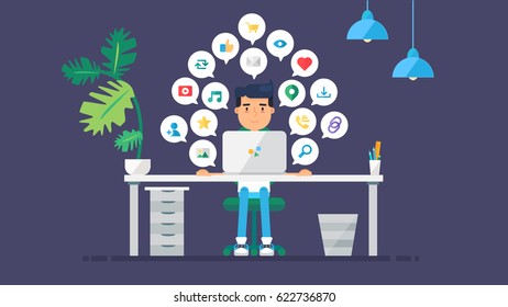Web Social Network Concept for blog and social networks, online shopping and email, files of video, images and photos. Elements for count of views, likes and reposts. Vector