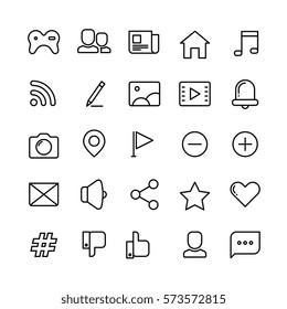 Web, social network, social media and communication thin line vector icons. Collection of icons for social networking application illustration