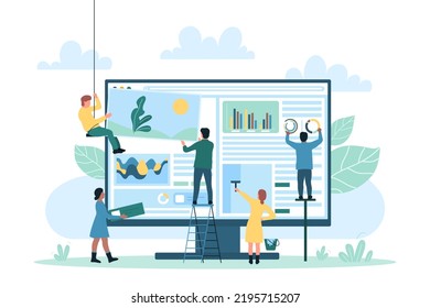 Web software and application, process and technology of user interface creation. Cartoon tiny managers create and build app, make creative blog design on computer screen flat vector illustration