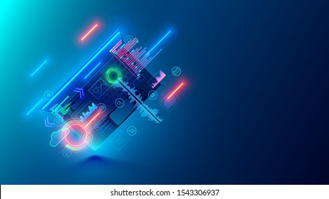 Web software creation concept. Cross platform app development. Hanging laptop with abstract programming elements and code snippets. Banner of internet technologies, seo, website development.
