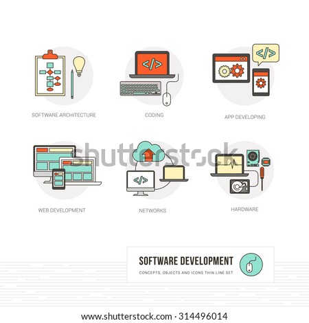 Web and software developer and computer hardware concepts, thin line objects and icons set