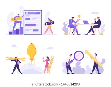 Web Software Development, Business Meeting, Start Up Idea, Data Analysing Concept Set. Developer Characters Build Website with Social Media, Light Bulb Rocket Launch, Cartoon Flat Vector Illustration