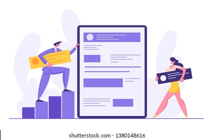 Web Software Development Concept. Developer Characters Build Website with Social Media Content. Man and Woman Programmer Coding Mobile App. Vector flat cartoon illustration