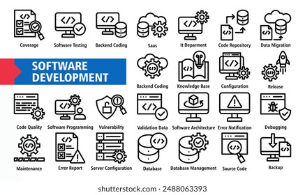 Web Software Development Icon Set. Enthält Technologie, Backend-Codierung, Softwaretests, Abdeckung, Datenbank, Datenmigration, Konfiguration, Freigabe, Softwareprogrammiersymbol, Simple-Line-Vektorgrafik