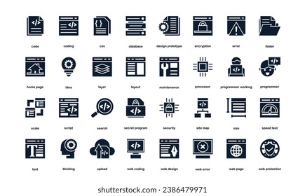 conjunto de iconos de desarrollo web y software. Iconos simples de desarrollo web para el componente de codificación de software. color negro plano