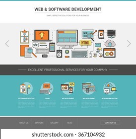 Web and software development template, coding, social network and hosting concept