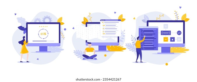 Web sources development flat concept vector illustrations set. Writing code, workflow and updating cartoon compositions. Programming service tools idea for website, mobile, presentation