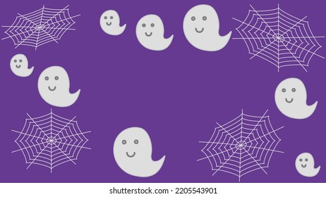 Web spider cobweb and cute ghosts set on purple background.
