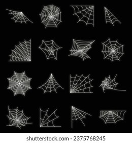 Juego de iconos de telaraña de araña web. Ilustración de esquema de 16 iconos de vectores de telaraña web de araña en color neón en negro