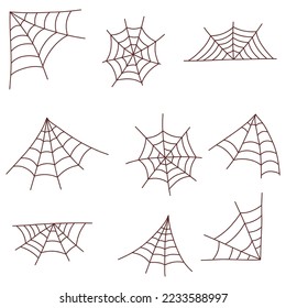 Web spider cobweb set. Halloween element. Trick or treat concept. Vector illustration in hand drawn style
