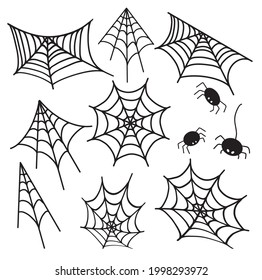 Web spider web, icon set. Illustration 8 spider web vector icons for printing, illustration for Halloween, creepy spiders, black hand-drawn. Vector web and a small spider on a white background.