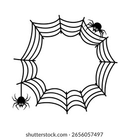 Marco de Web y arañas. Silueta lineal de contorno negro. Trazos editables. Vista frontal. Vector simple ilustración gráfica plana. Objeto aislado sobre fondo blanco. Aislar.