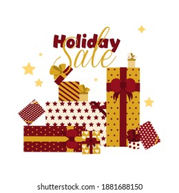 Banner de cuadrado web. Caja de regalo de patrón rojo y dorado colorido con cinta de opciones y reverso para las vacaciones de venta. Día de San Valentín, aniversario, feriados de mujeres, día de la madre.