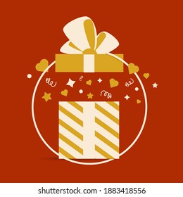 Web square banner. Colorful red and gold Pattern Gift Box with Ribbon and Bow for holidays sale time with geometric shape. Valentine's day, anniversary, women's holidays, mother's day etc. 