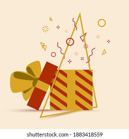 Web square banner. Colorful red and gold Pattern Gift Box with Ribbon and Bow for holidays sale time with geometric shape. Valentine's day, anniversary, women's holidays, mother's day etc. 