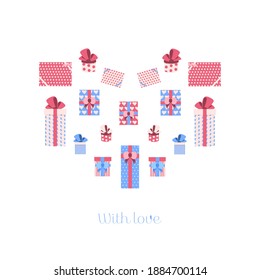 Web square banner. Colorful red, blue and white Pattern Gift Box with Ribbon and Bow for holidays sale time with geometric heart-shaped. Valentine's day sale. 
