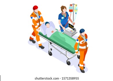 Web Staff Professions at the Hospital, Paramedic Medicine Website for Emergency. Physician Cartoon Medic Man at First Aid with Patient and Ambulance. Human flat vector illustration.