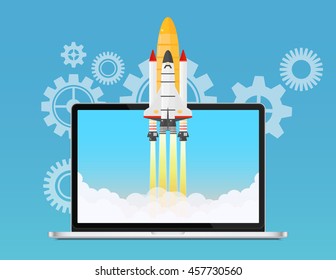 Web start up and development concept. Space rocket shuttle launch flying out of laptop. Business start creative idea