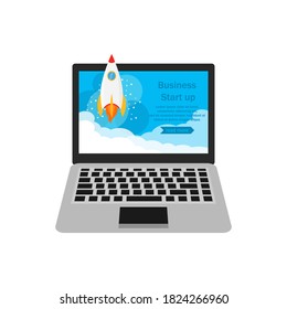 Web start up flat style. Rocket flight, promotion seo, laptop and launch, vector illustration