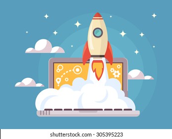 Web start up flat style. Rocket flight, promotion seo, laptop and launch, vector illustration