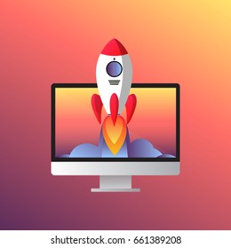 Web Start Up Flat Style. Rocket Flight, Promotion Seo, Laptop And Launch, Vector Illustration