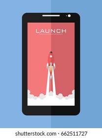 Web start up flat style. Rocket flight, laptop and launch, vector illustration,
gadget launch