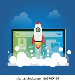 Web start up flat vector style, rocket up to sky